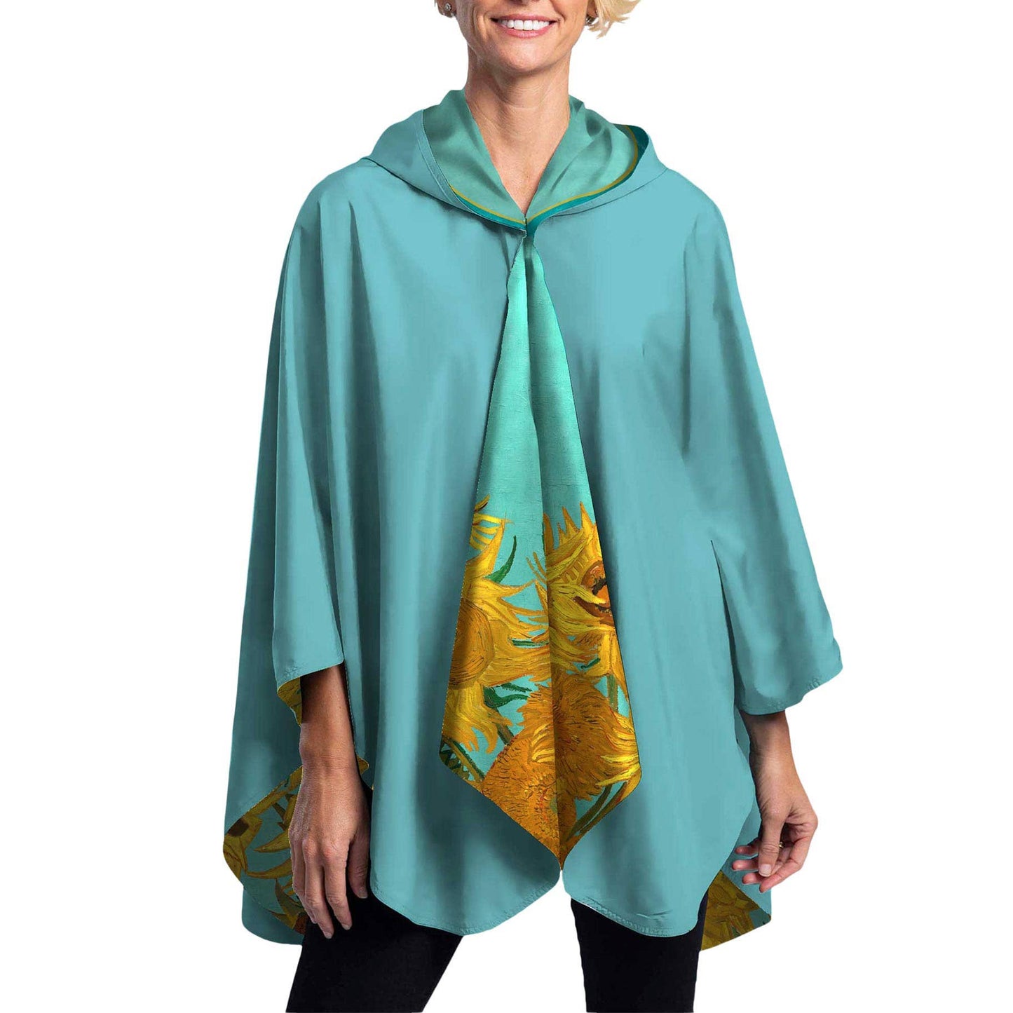RainCaper - Van Gogh Sunflowers Reversible Rain Cape – Lightweight Hooded Wrap for Women