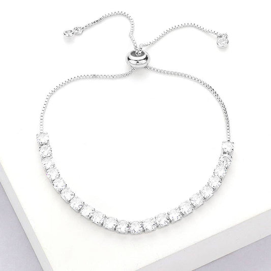 Sensibling Corp. - Stainless Steel Round CZ Tennis Chain Pull Tie Bracelet: Silver