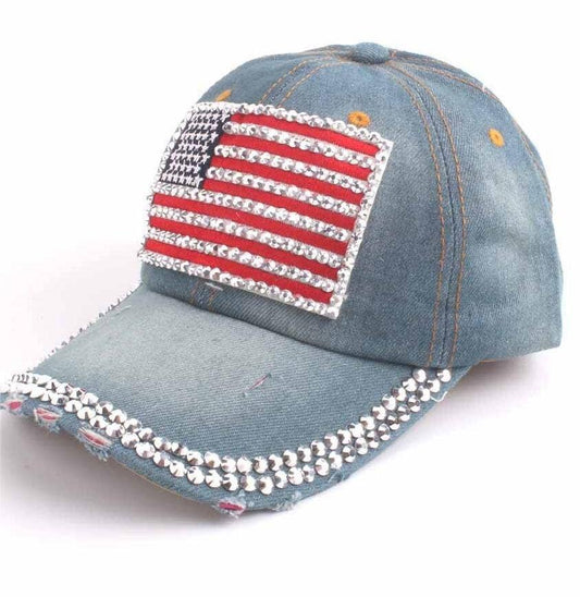 MKS America - Fourth of July American flag denim baseball cap: Gblue / M