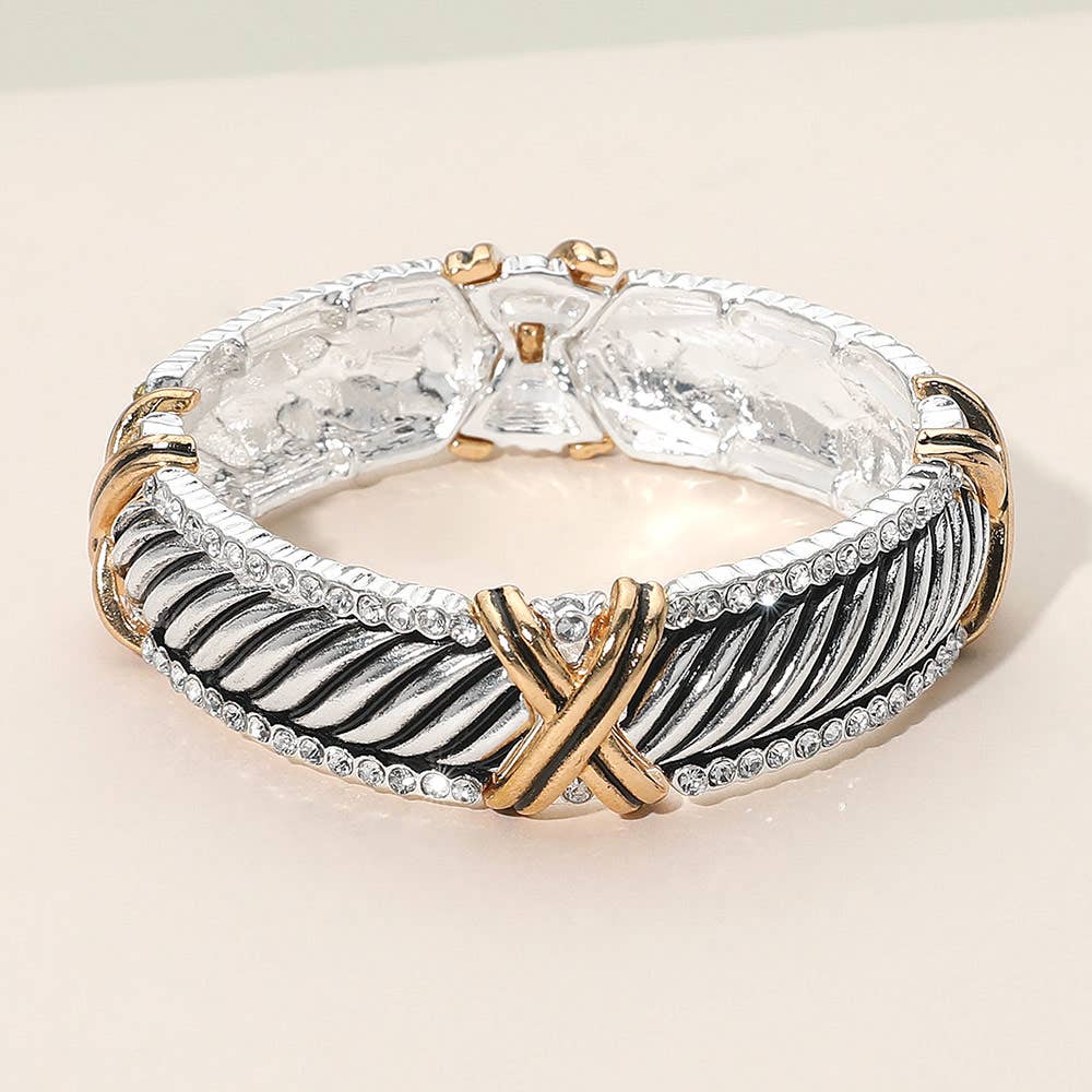Sensibling Corp. - Two Tone Crisscross Accent Stone Bezel Rim Stretch Bracelet