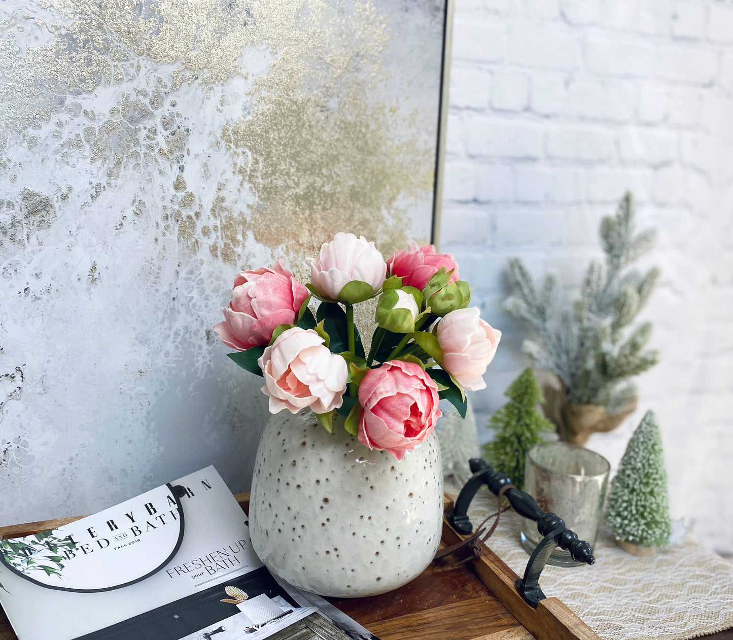 Angel Isabella - 10.5" Real touch artificial Peony bundle-8 Flowers and buds: Ivory