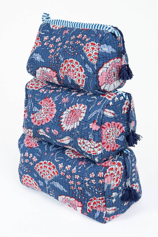 LA Soul - Blue Floral print Quilted Cotton Toiletry Bag Set