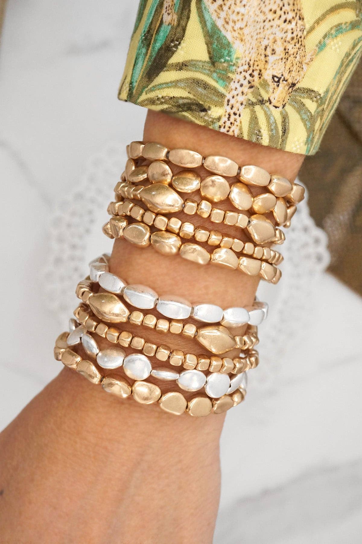PennyLine inc - Boho Gold and silver Beaded Bracelets stack of 5: Worn Gold Tone