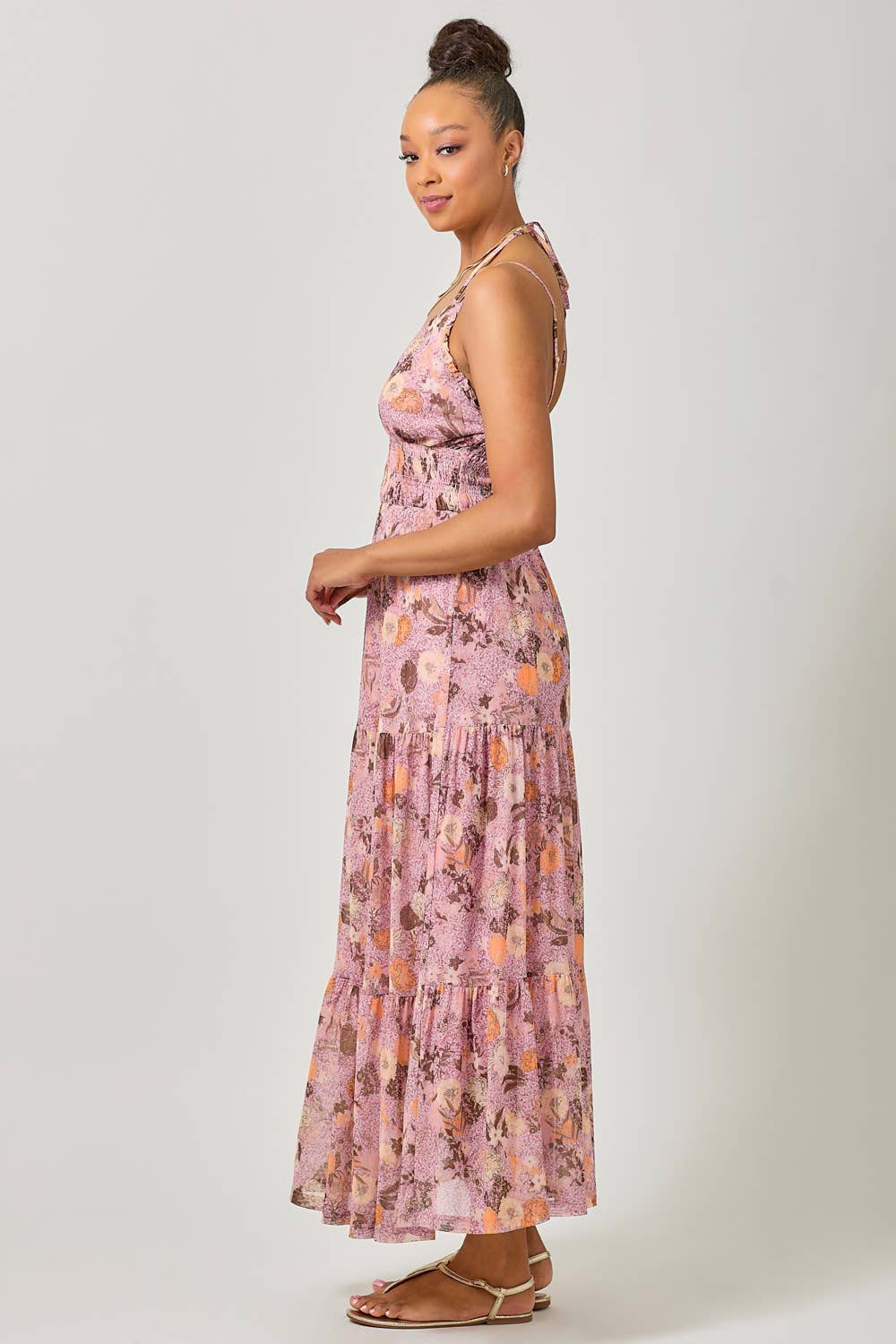 Mystree - 61048 Printed Mesh Long Tiered Dress: Ivory/Pale Blue / Large