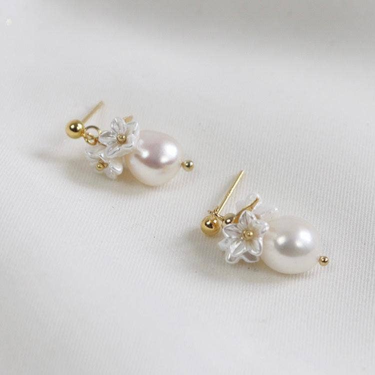 Haengseongworkshop - 18K Gold Plated Freshwater Pearls with Flower Beads Earrings: Dangle