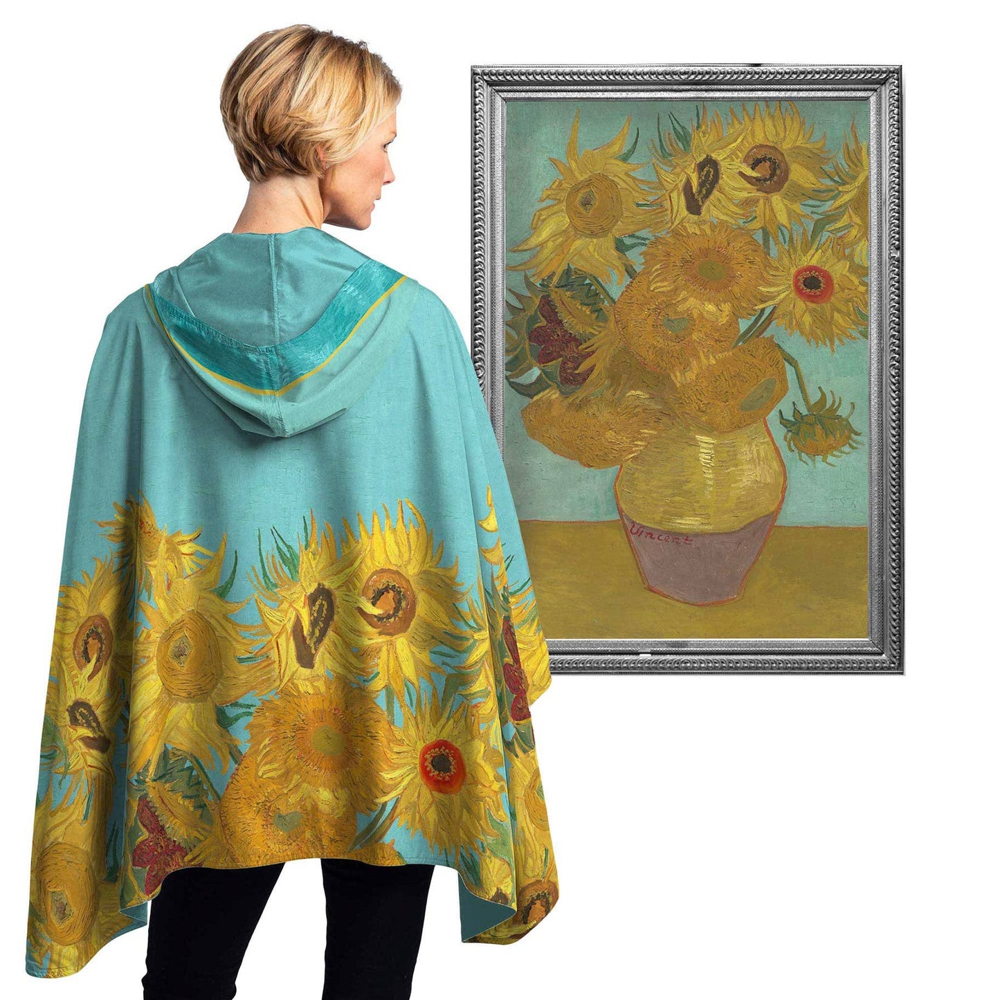 RainCaper - Van Gogh Sunflowers Reversible Rain Cape – Lightweight Hooded Wrap for Women
