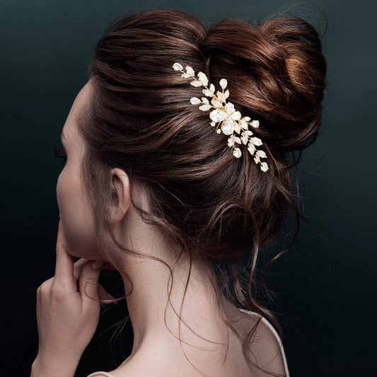 Sensibling Corp. - Elegant CZ Stone Cluster Floral Branch Hair Comb: Clear,Gold