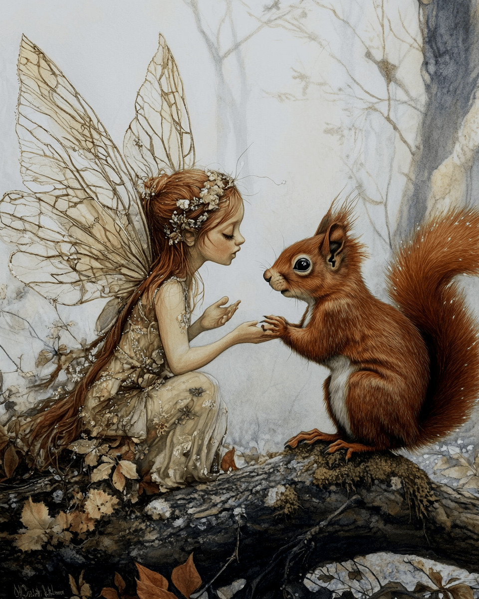 Mowbi - Fairy Confides in Red Squirrel - Fairies Wall Art Prints – 8″x10″ Artwork for 11″x14″ Frame
