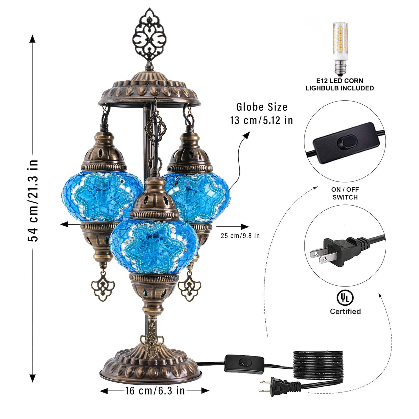 Mozaist - 3-Globe Turkish Mosaic Table Lamp (Blue)