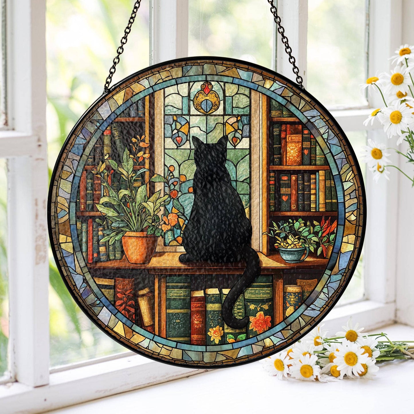 NVC Ecommerce LLC - Black Cat and Book Stained Glass Suncatcher, Librarian Decor: 11.8in