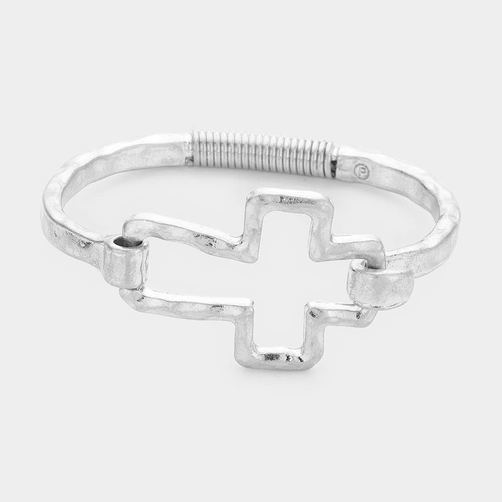 Sensibling Corp. - Hammered Open Metal Cross Hook Bracelet: Worn Silver