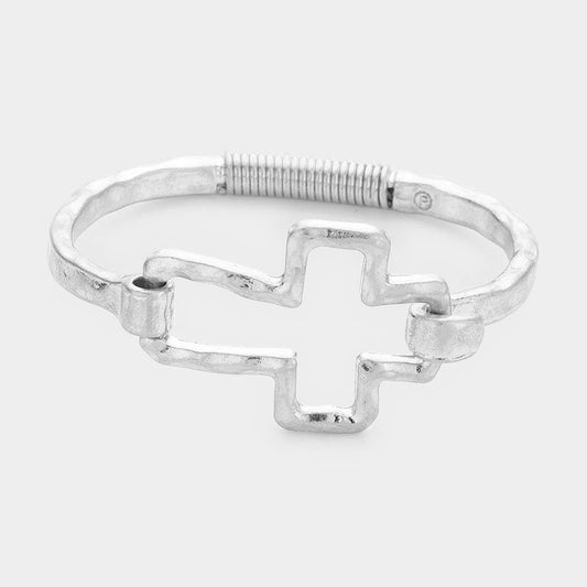 Sensibling Corp. - Hammered Open Metal Cross Hook Bracelet: Worn Silver