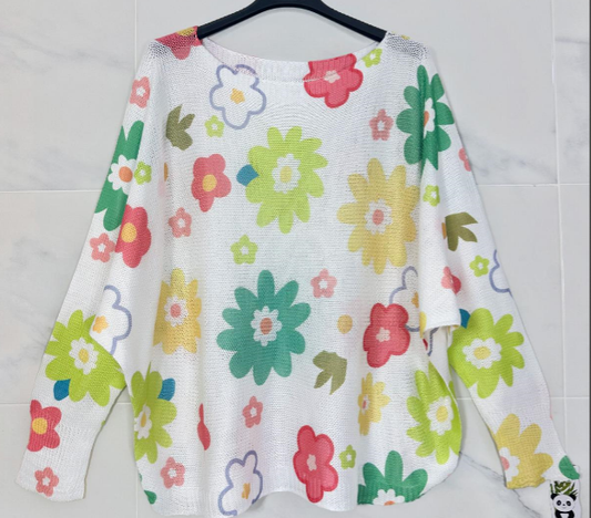 LOOWIE - 239 Multi Floral Daisy  Round Knit Printed Sweater LOOWIE