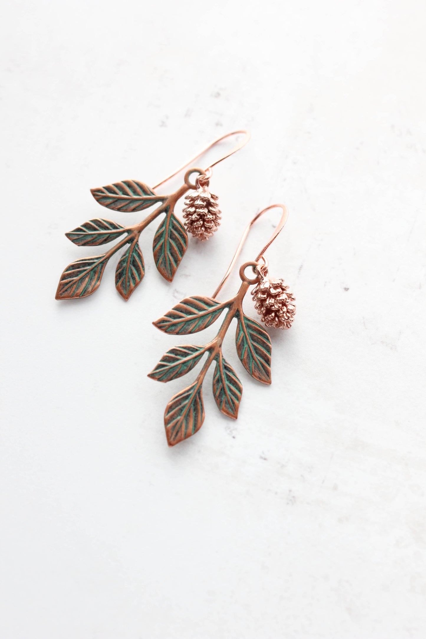 A Pocket of Posies - Branch and Pine Cone Earrings -Blush Mint Copper