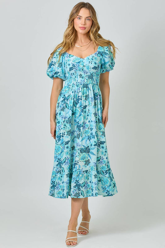 Mystree - 60945 Balloon Sleeve Long Dress: Ocean Blue / Medium