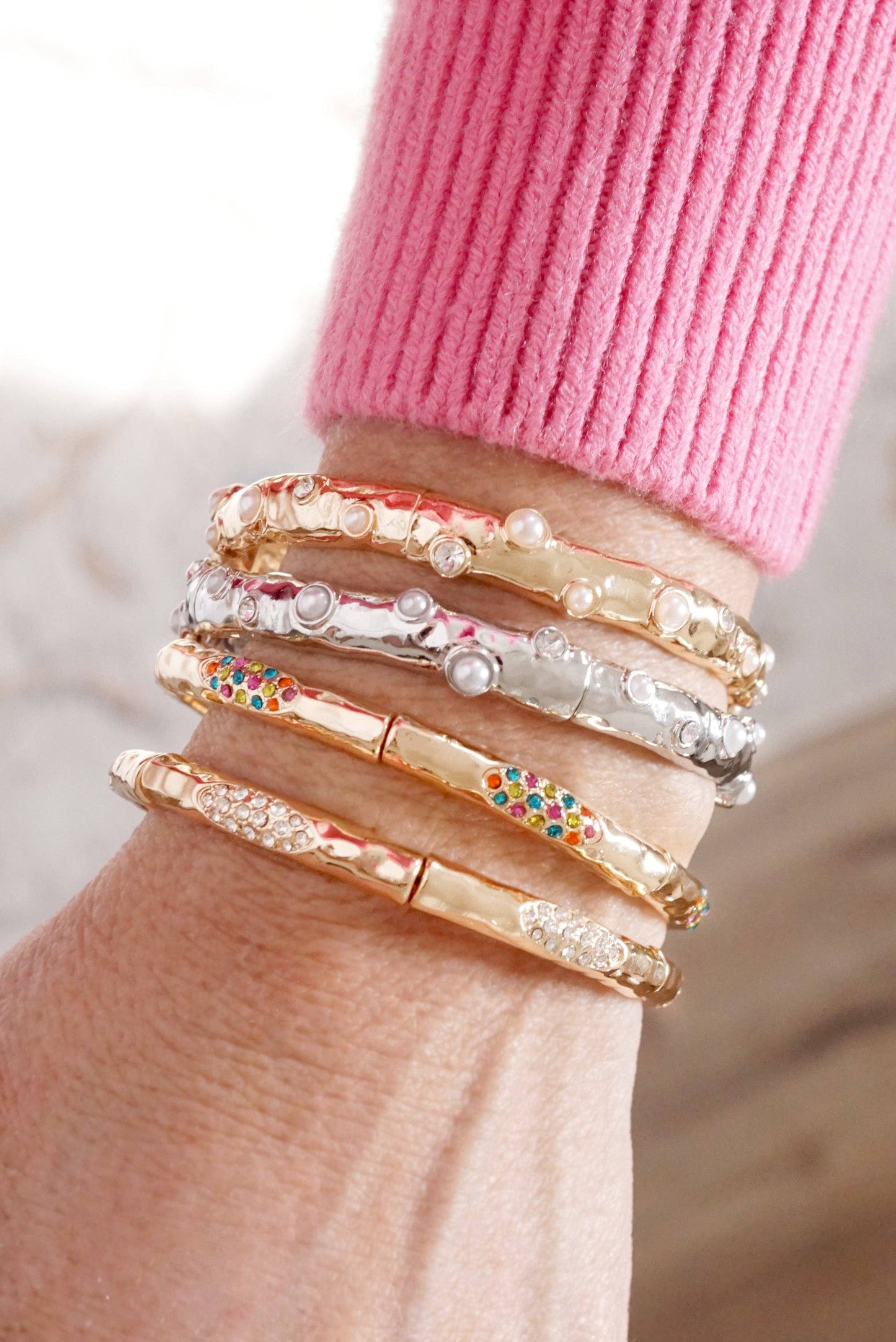 PennyLine inc - Stretchy Stackable Bangle Pearls and Rhinestones Gold or Silver Tone: Pearls and Crystals - Silver Tone