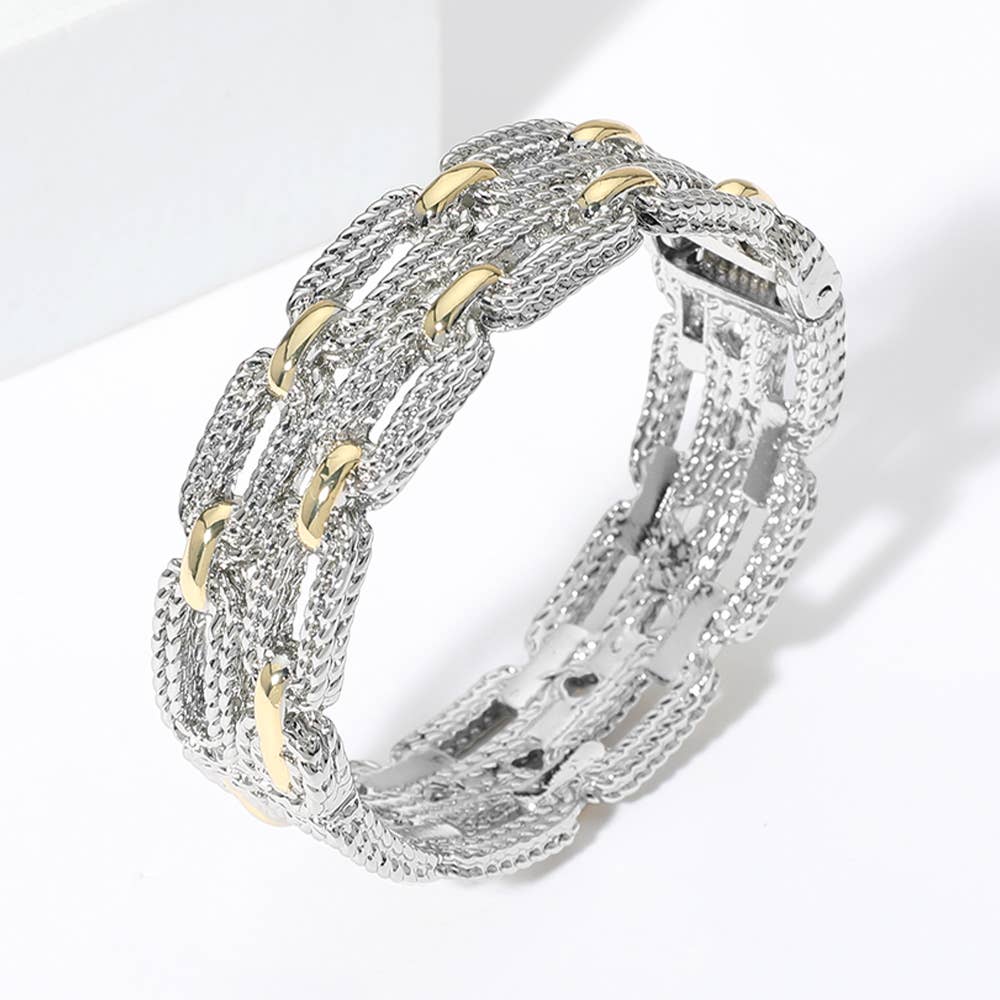Sensibling Corp. - Two Tone Double Layered Textured Link Hinged Bangle Bracelet