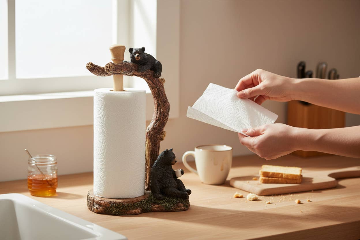 De Leon Collections - BEAR RELAXING BY TREE PAPER TOWEL HOLDER