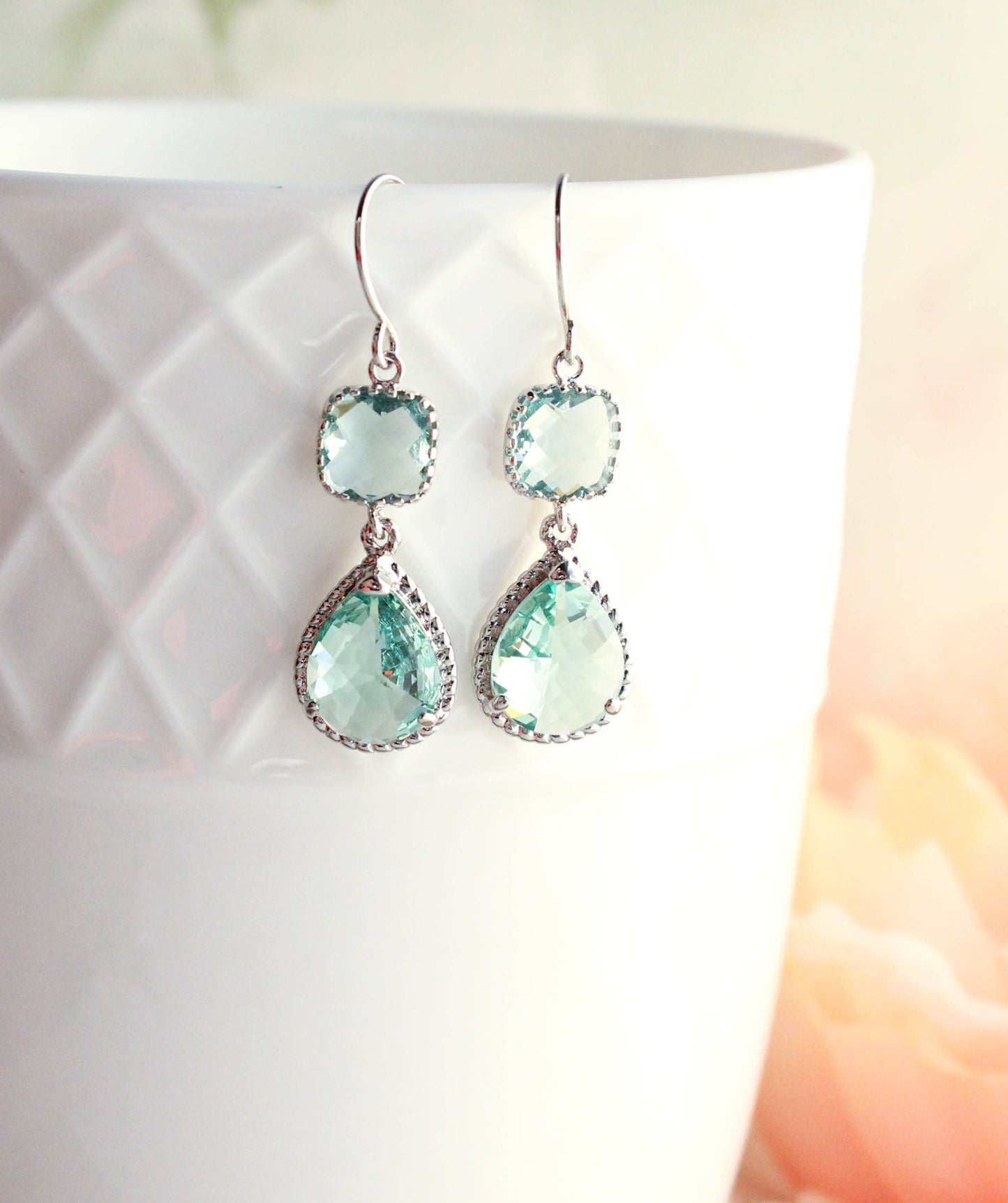 A Pocket of Posies - Aqua Erinite Glass Dangle Earrings - Two Jewel Teardrop