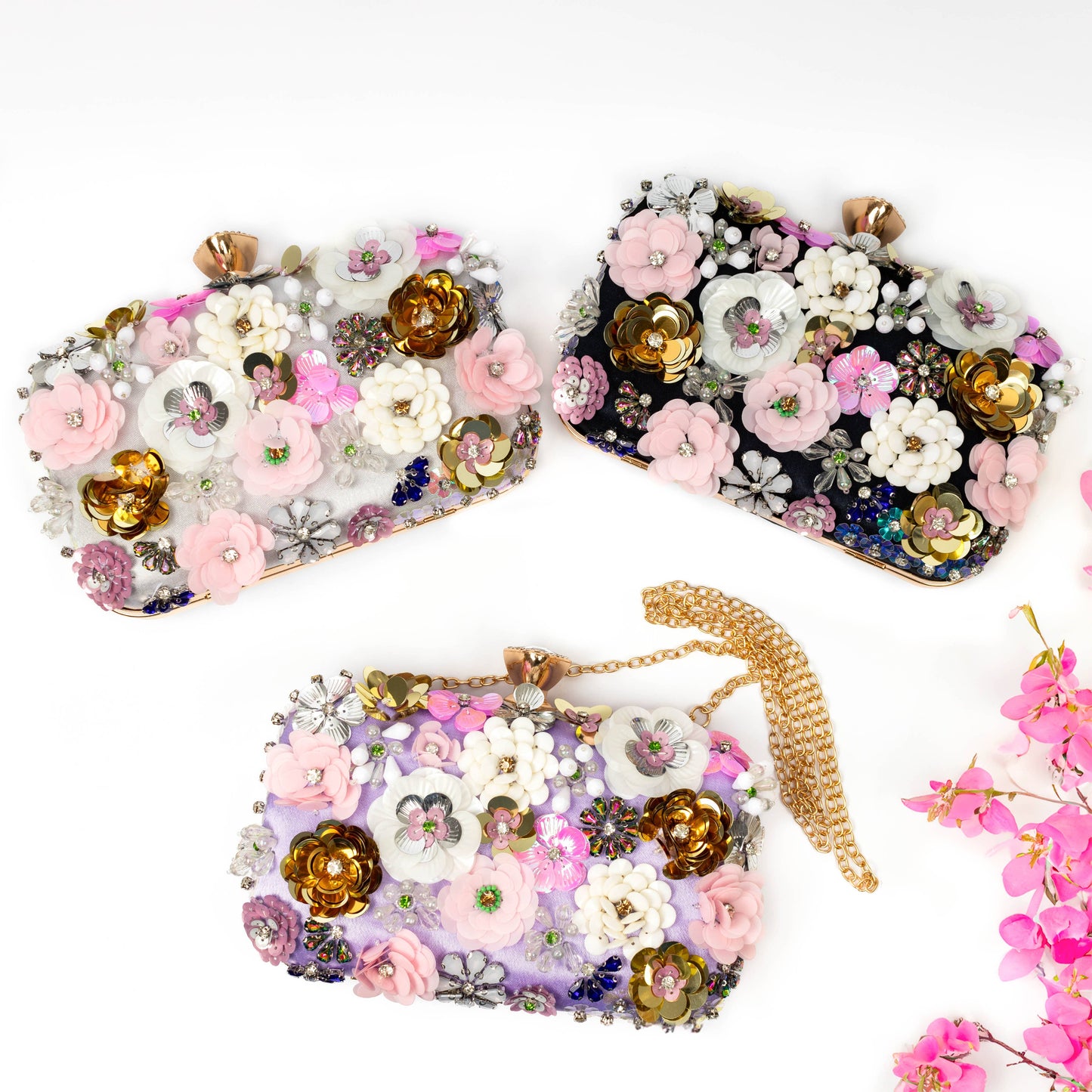 PEACH ACCESSORIES - K020 Floral Embellished Clutch Bag: Pink