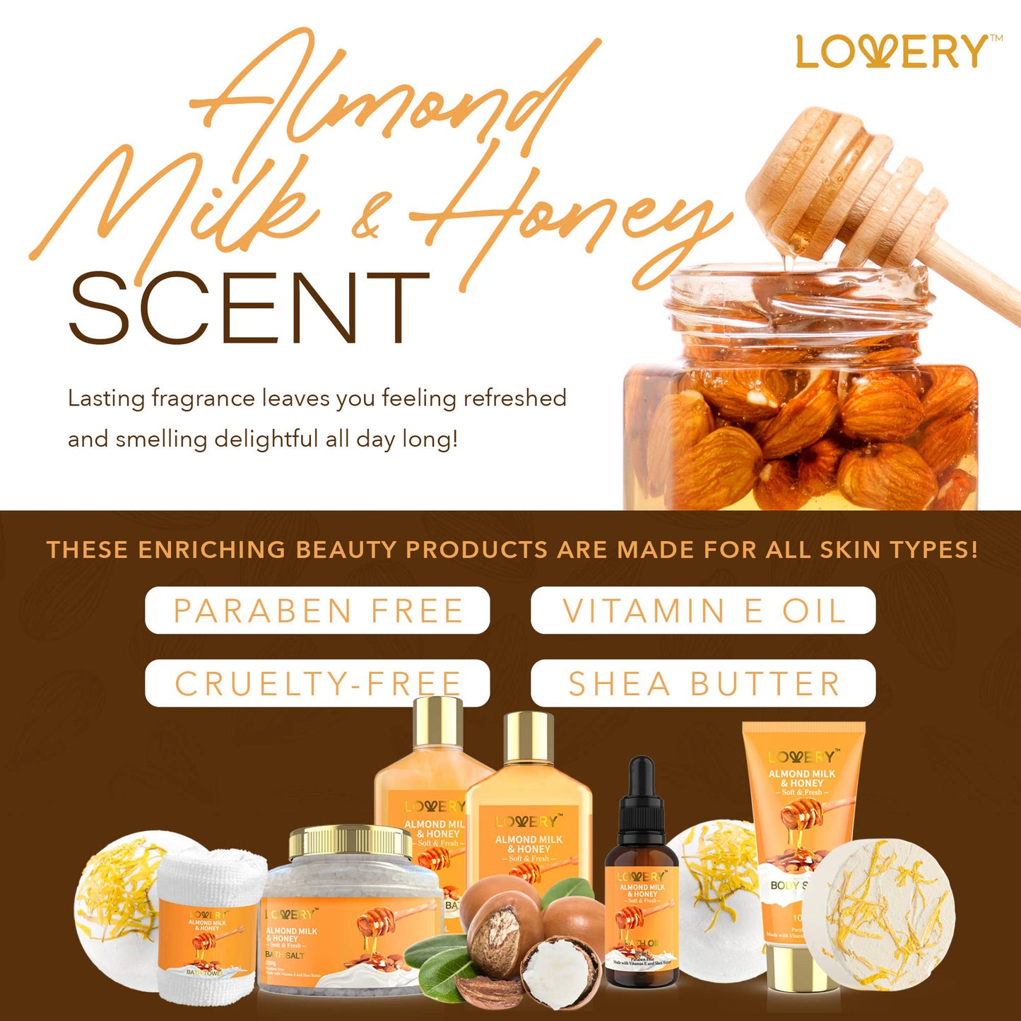 Lovery - Gift Basket – 10Pc Almond Milk & Honey Beauty & Personal Set