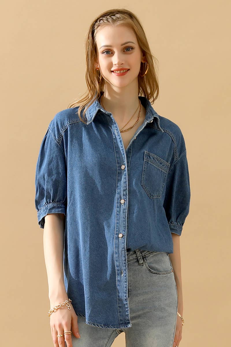 NINEXIS - CWJT0001-B_SHORT PUFF SLEEVE BUTTON DOWN DENIM SHIRTS: DENIM / (L) 1