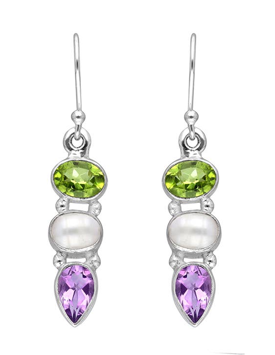 Tiramisu - Amethyst Peridot Pearl 925 Sterling Silver Dangle Earrings