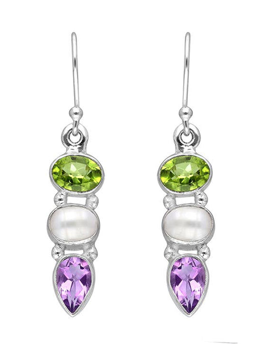 Tiramisu - Amethyst Peridot Pearl 925 Sterling Silver Dangle Earrings
