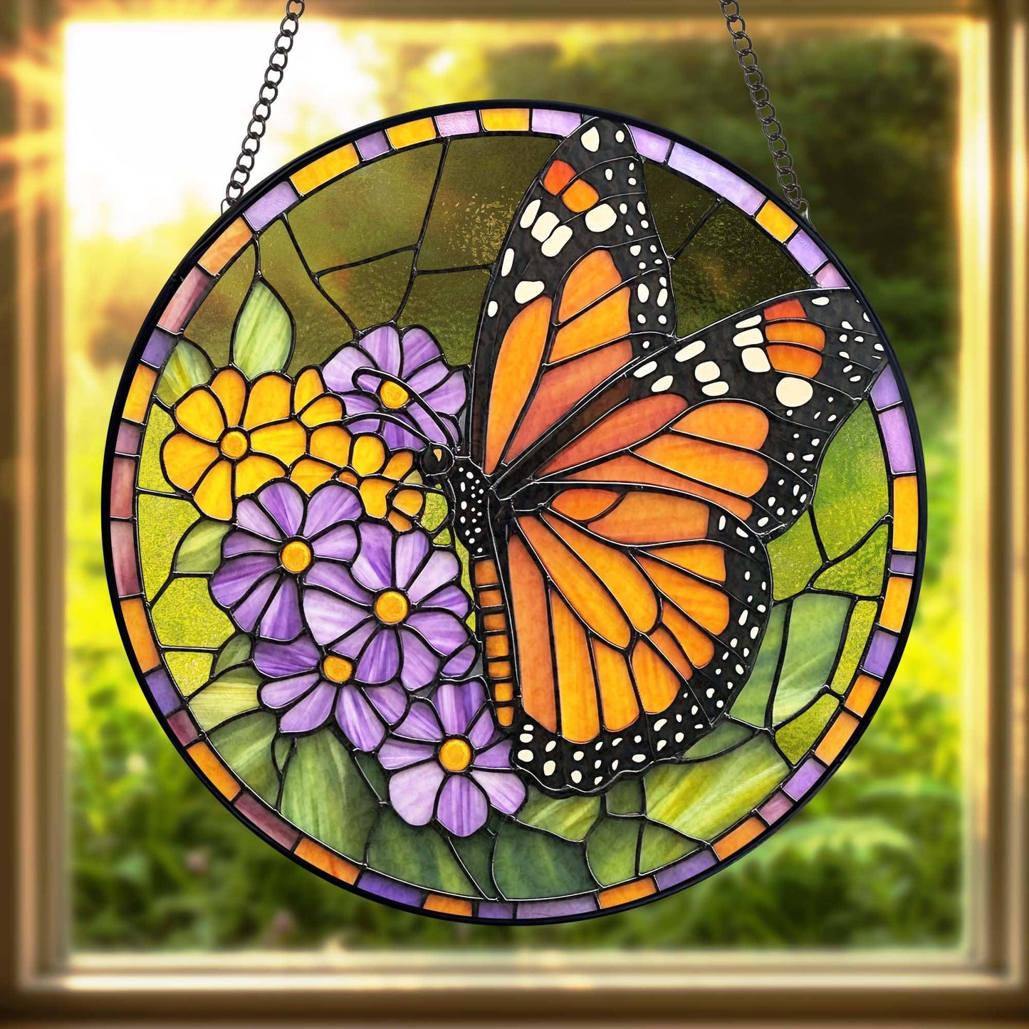 NVC Ecommerce LLC - Monarch Butterfly Stained Glass Suncatcher, Flowers Ornament: 11.8in