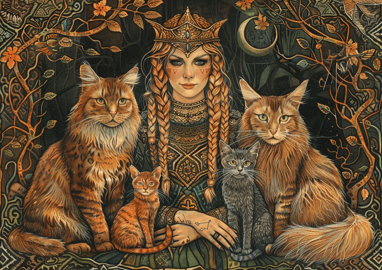 Mowbi - Freya the Norse Goddess with Her Cats 8"x10" Art Print