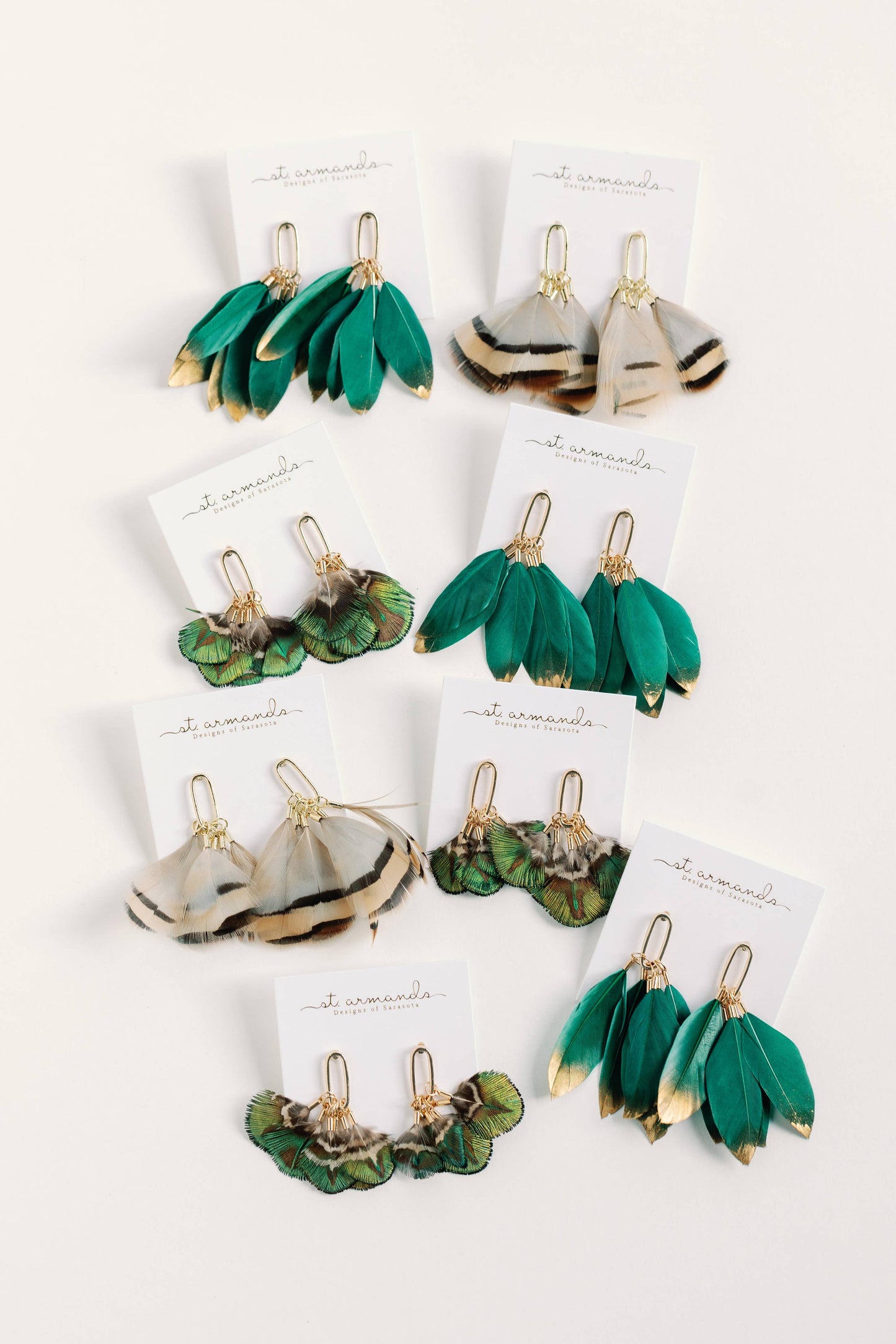 St Armands Designs of Sarasota - Emerald Gold Dipped Feather Tassel Statement Earrings