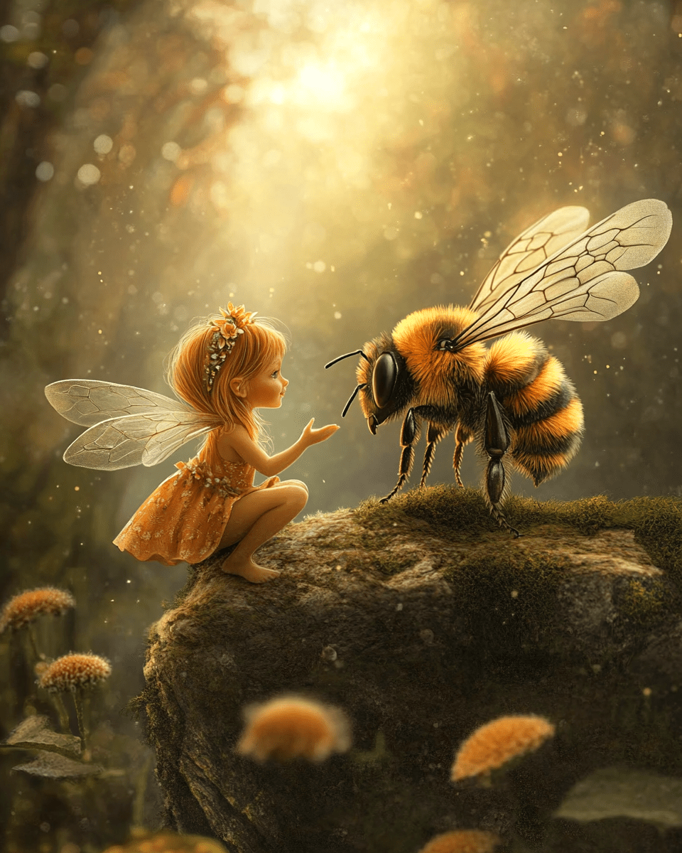 Mowbi - Small Fairy Talking to a Bee - Honey & Bee Wall Art Prints – 8″x10″ Artwork for 11″x14″ Frame