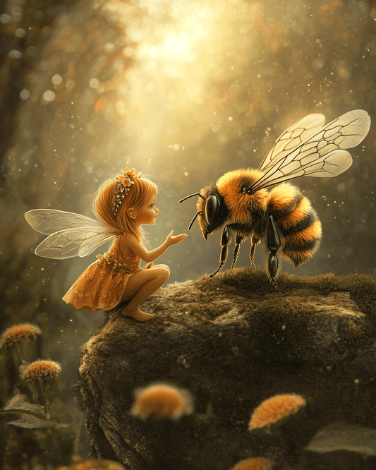 Mowbi - Small Fairy Talking to a Bee - Honey & Bee Wall Art Prints – 8″x10″ Artwork for 11″x14″ Frame