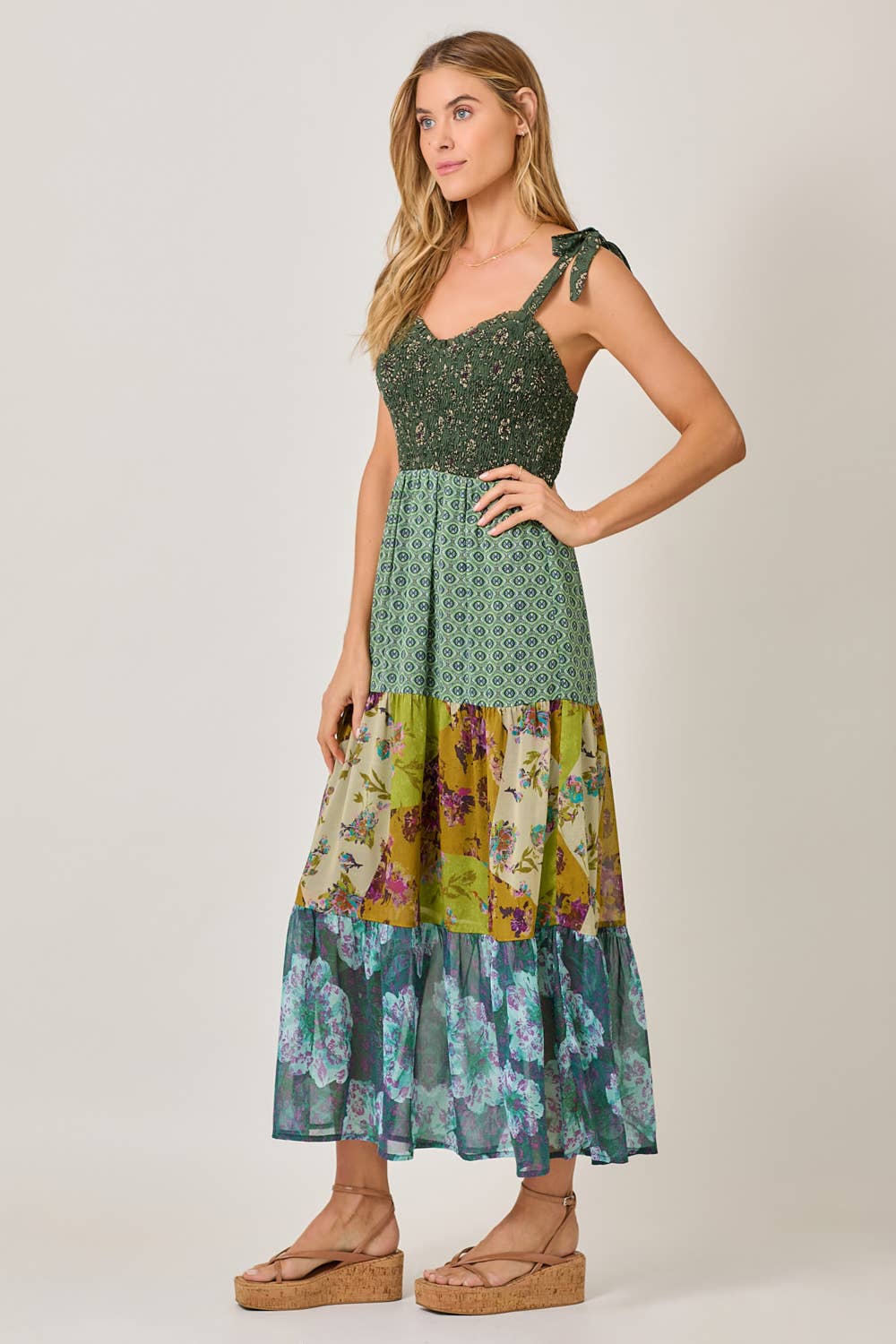 Mystree - 61078 Strap Tied Smocked Top Tiered Long Dress : Emerald Mix / Medium