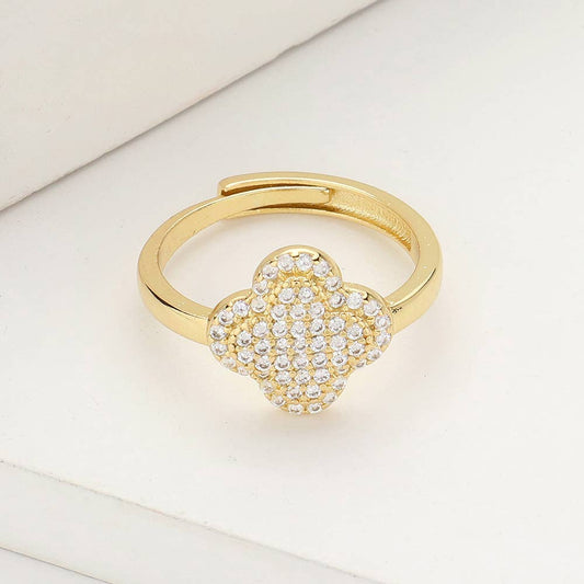 Sensibling Corp. - Gold Dipped CZ Stone Paved Quatrefoil Adjustable Ring: Clear,Gold
