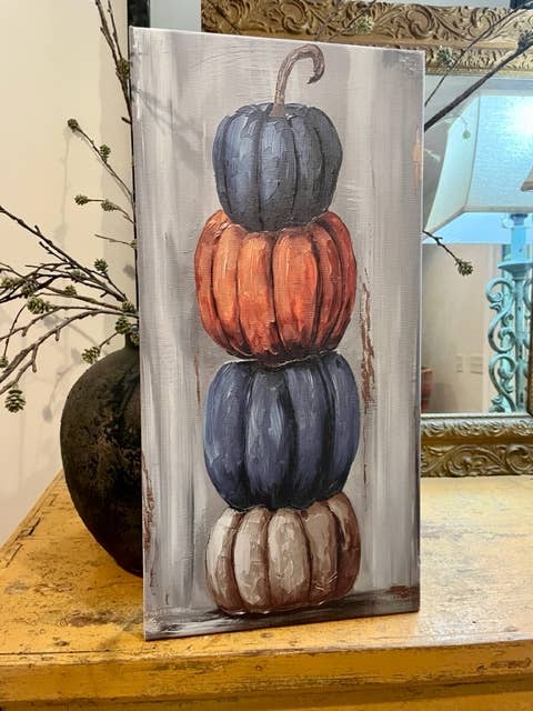 Rustic Nester - Stacked pumpkins canvas art print, vintage fall home decor: 12x24