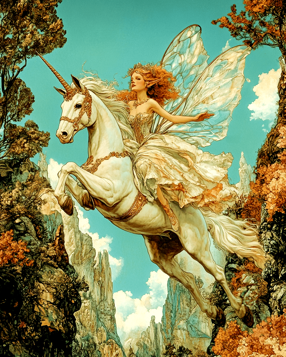 Mowbi - Fairy on a Wild Ride - Unicorn & Pegasus Wall Art Prints – 8″x10″ Artwork for 11″x14″ Frame