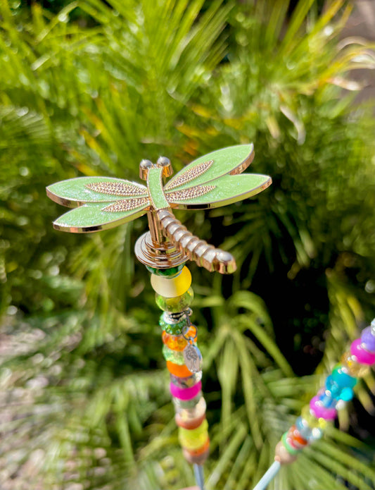 Sea of Bliss Shop - Dragonfly Garden Plant Stakes Beaded: Green / 13 inch