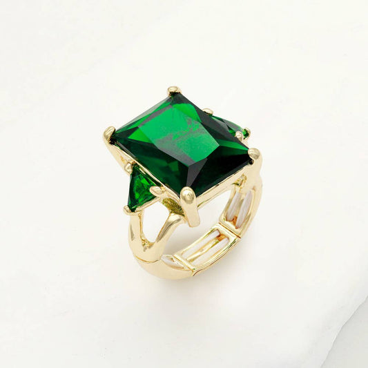 Sensibling Corp. - Rectangle Crystal Stretch Ring: Green
