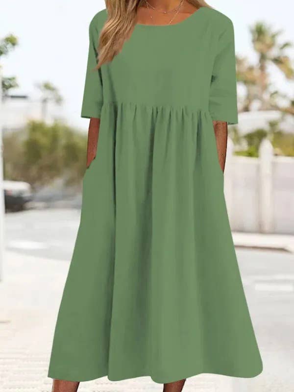 Sweetkama - Ladies Round Neck Solid Color Daily Midi Dress 2302: Army Green / M