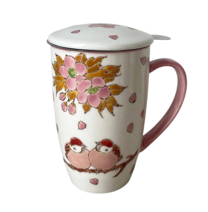 Urban Tokyo - Twin Sparrows Cherry Blossoms Design 15oz Tea Mugs with Lid and Infuser for Loose Leaf Tea (4/32)