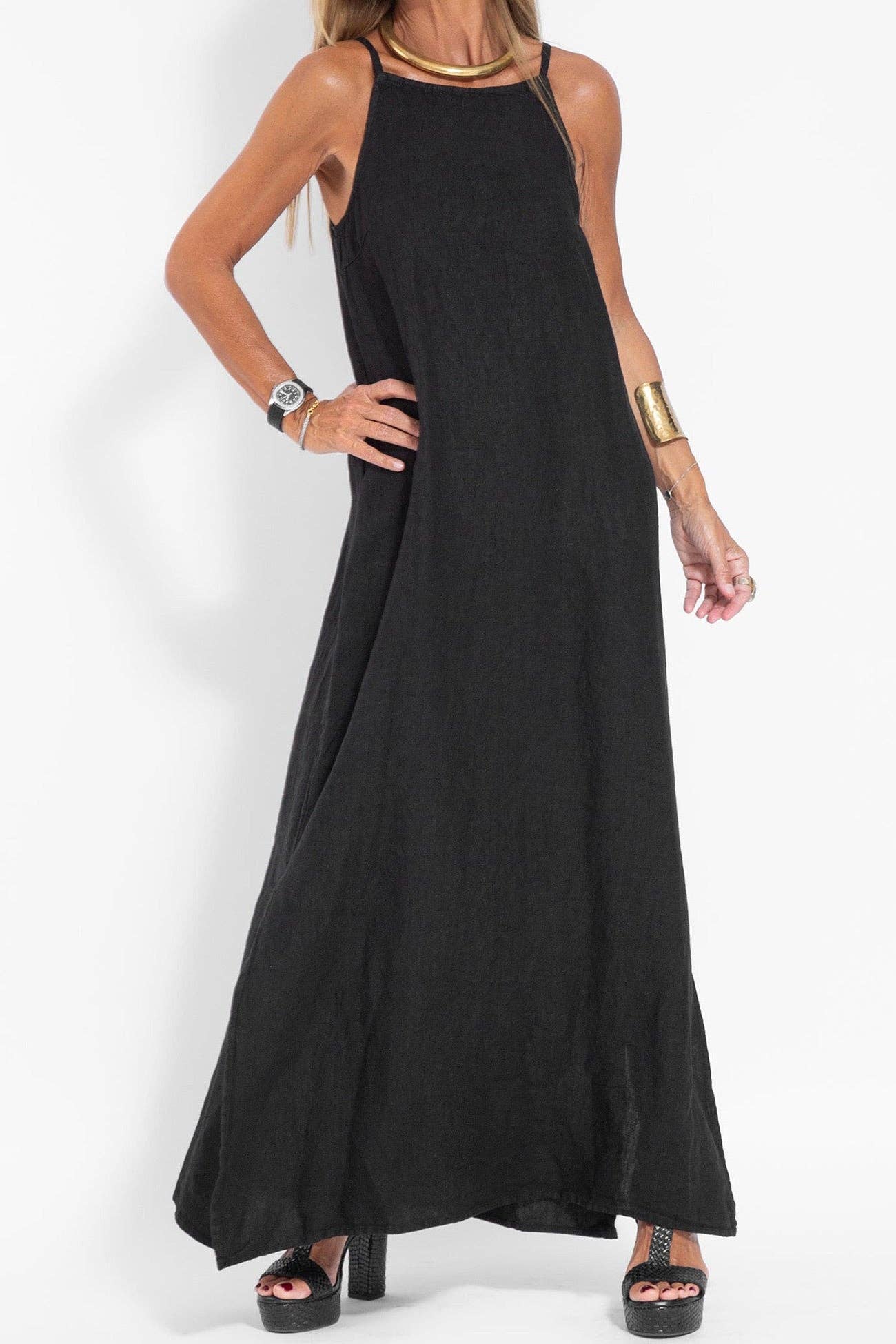 Elanora - Cotton Linen Slit Cami Dress: Black / XL