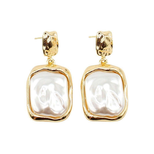 anbfashion - Hammered Rectangle Pearl Dangle Earring ER-5897: GD