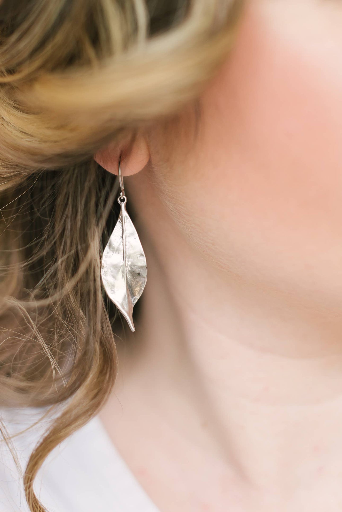 A Pocket of Posies - Long Curled Leaf Earrings: Matte Silver