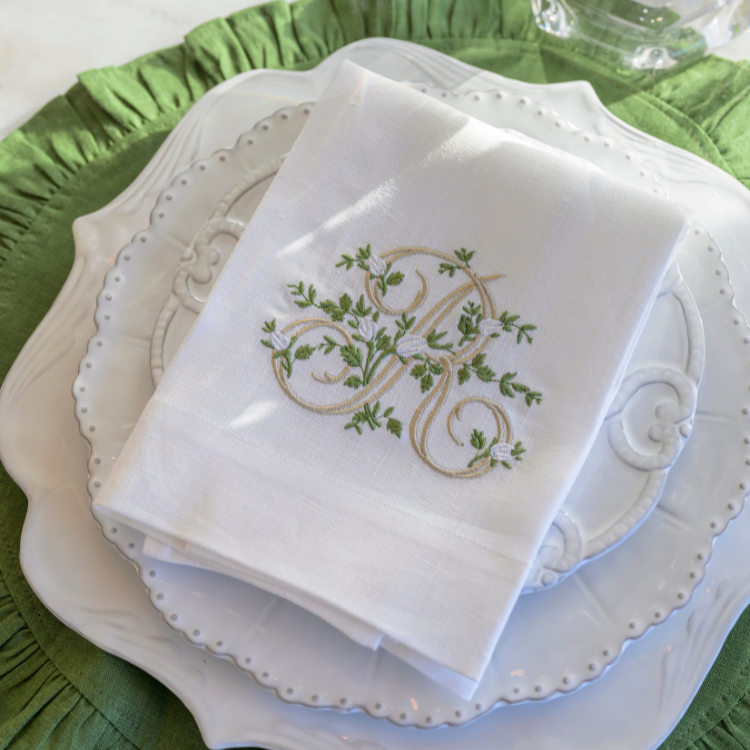 Arte Italica & Crown Linen Designs - Floral Monogram Linen Towel: V