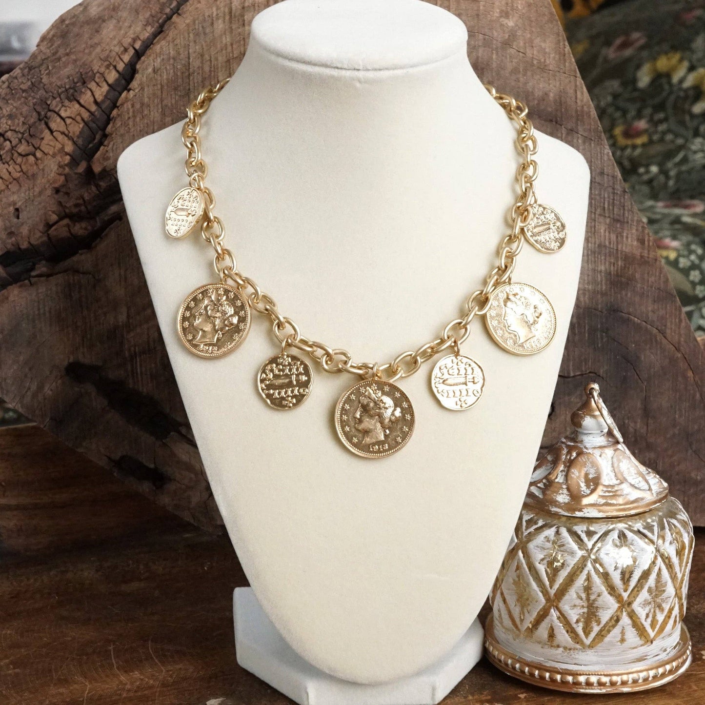 PennyLine inc - Boho Coin Charms Statement Necklace – Gold Tone