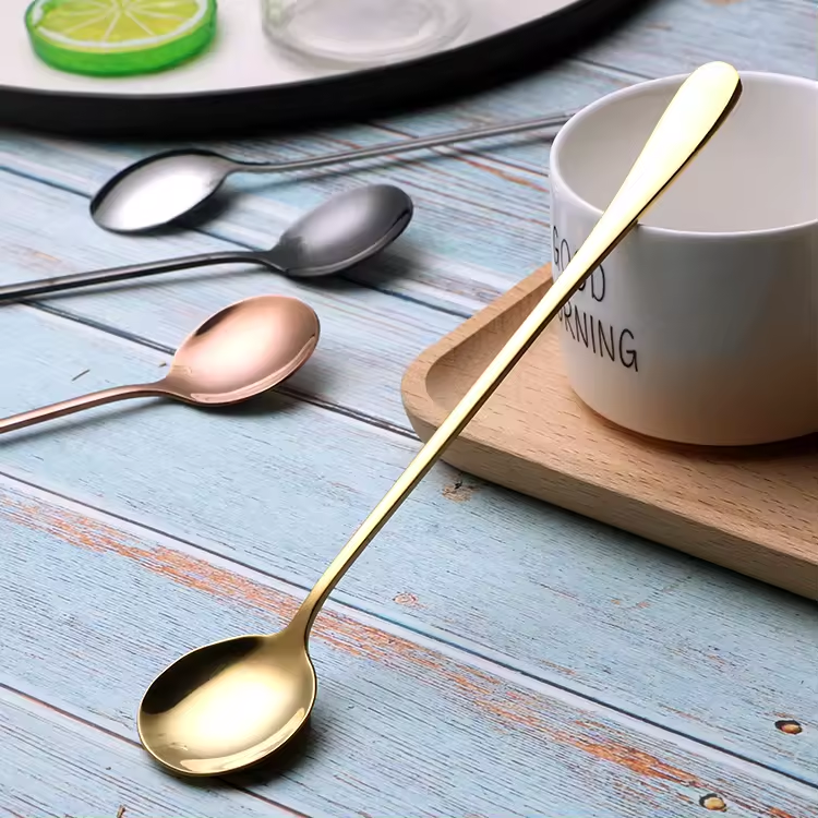 Sostraw & SmartThings - Long Spoon - 2 shapes - 4 colors - Coffee, Tea, Ice cream: Gold / Pointed Head