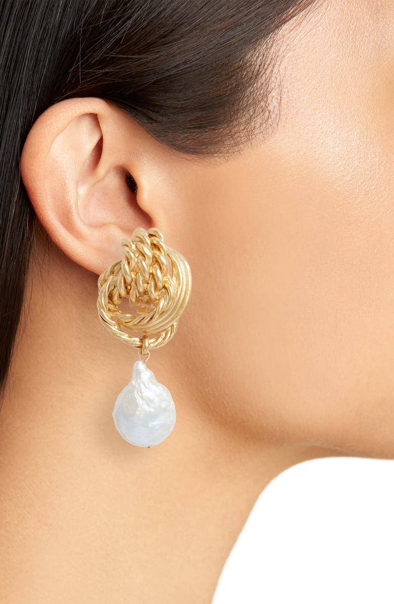 KARINE SULTAN - Twisted rope knot clip on earrings with flat pearl drop