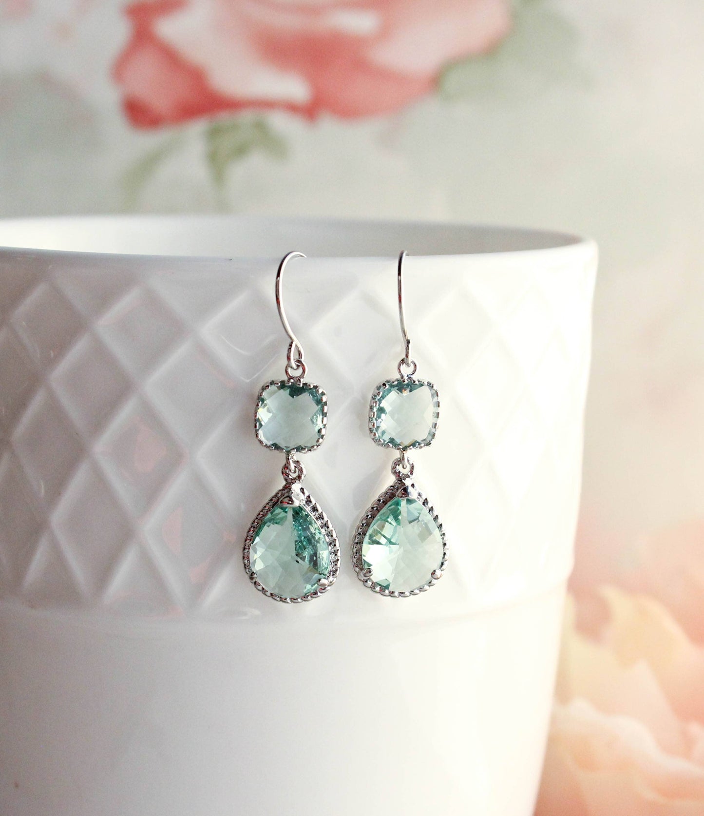 A Pocket of Posies - Aqua Erinite Glass Dangle Earrings - Two Jewel Teardrop