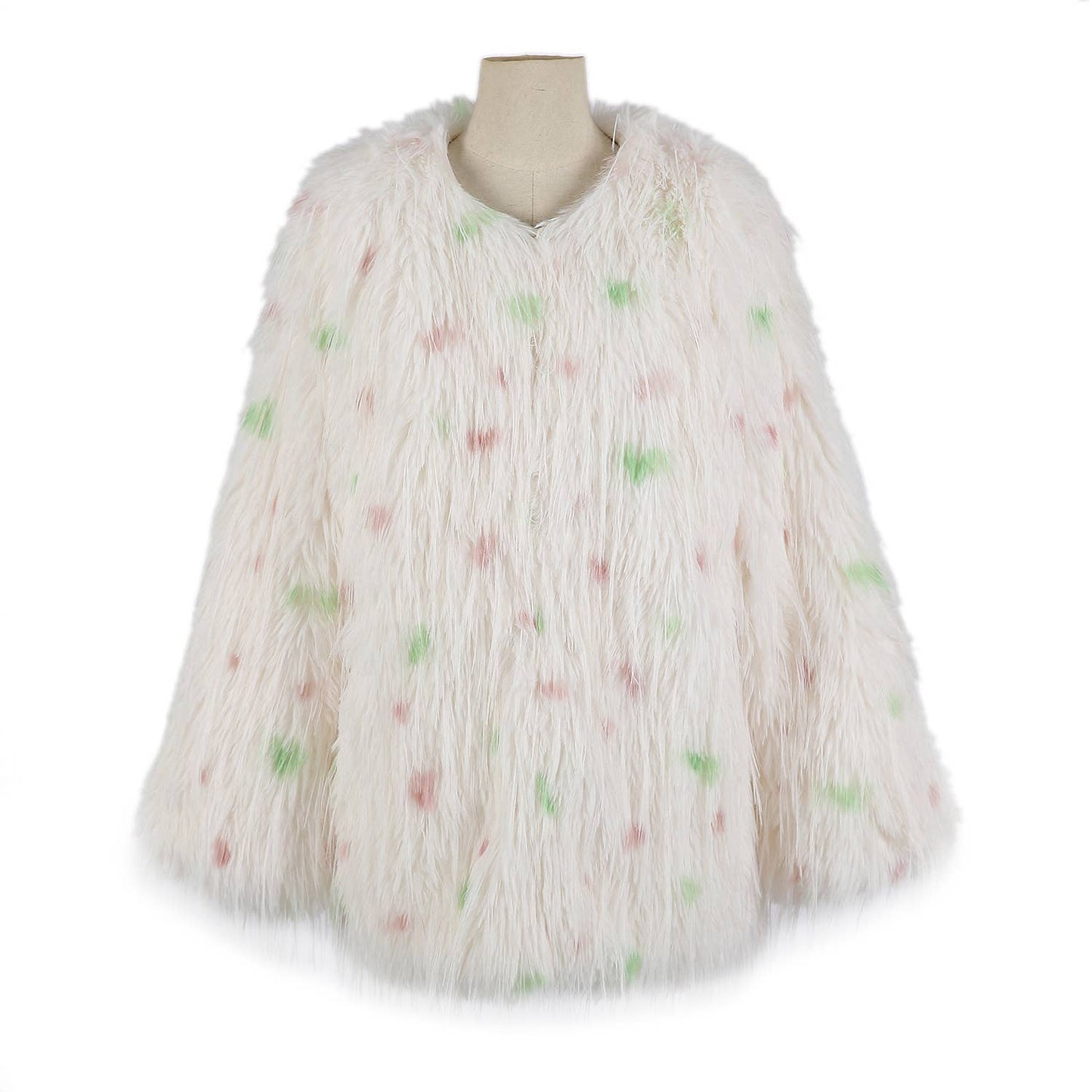 PEACH ACCESSORIES - Polka-Dot Shaggy Cape Coat CE102: Pink Mix
